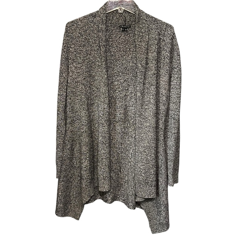 Theory Wool Knit Open Front Cardigan Sweater  Marled Black & Gray Large